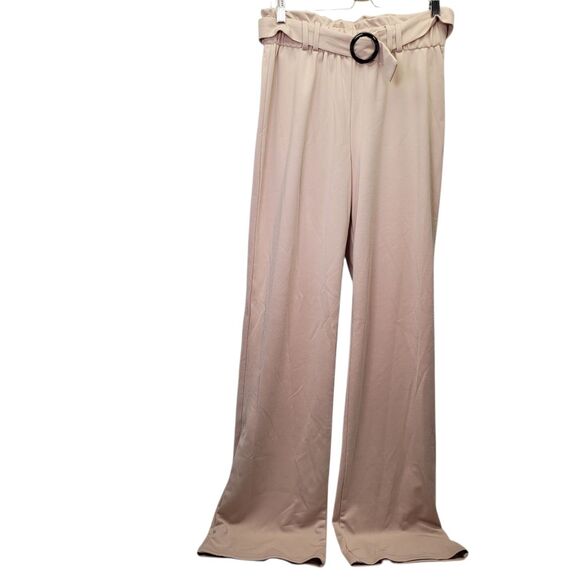 Unbranded Pants - Women's High Waist Belted Paperbag Wide Leg Business Dress Pants Apricot Medium